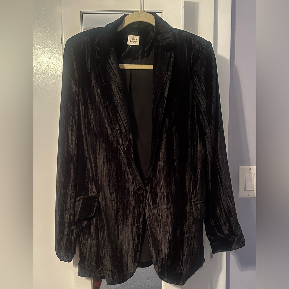 Crushed Velvet Single-Button Blazer Jacket - Black